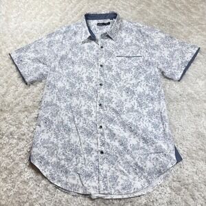 Akrux Shirt Men's Large Floral Print Short Sleeve Button Up Casual White Blue